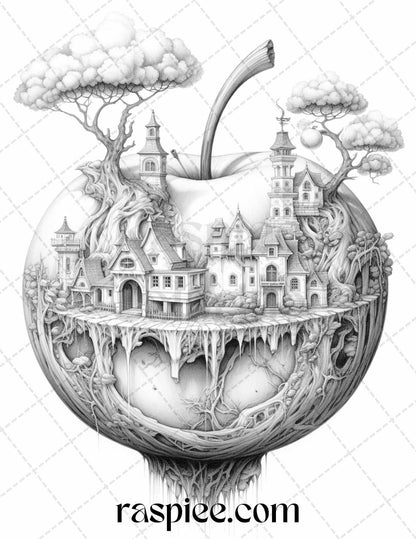 60 Miniworld in the Apple Grayscale Coloring Pages Printable for Adults, PDF File Instant Download