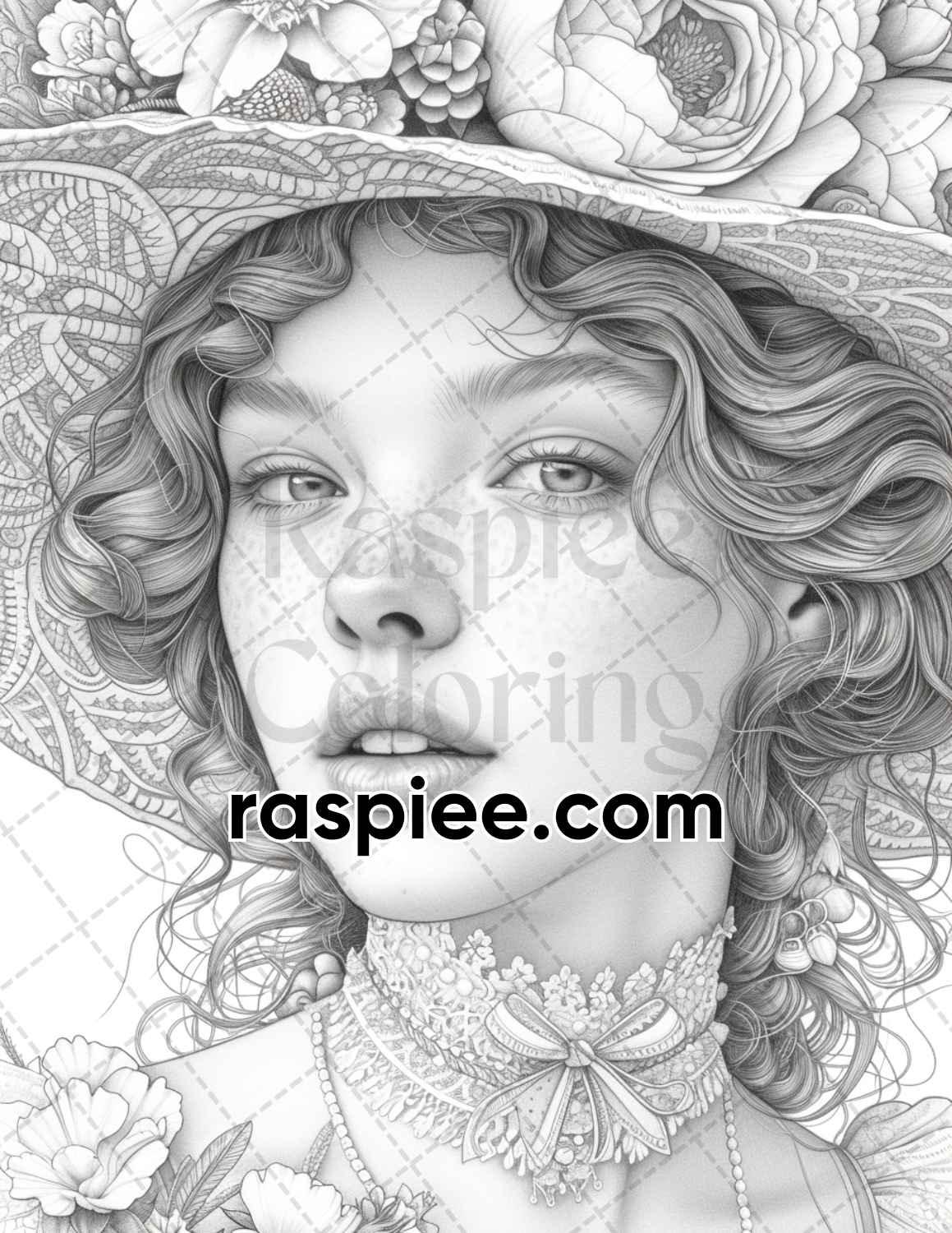 62 Spring Victorian Girl Portraits Grayscale Adult Coloring Pages, Printable PDF Instant Download