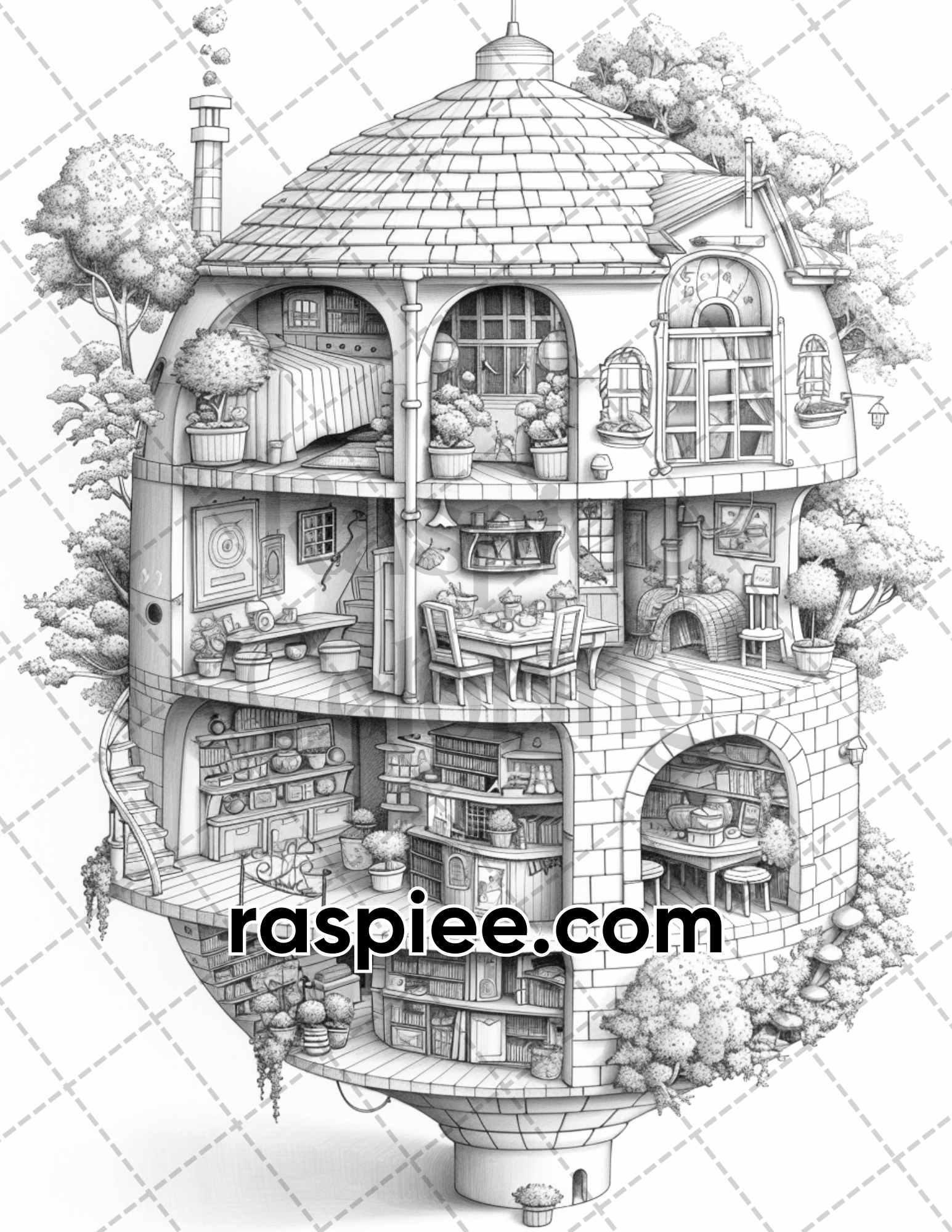 60 Isometric House Grayscale Adult Coloring Pages, Printable PDF Instant Download