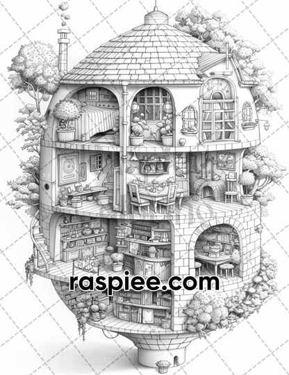 60 Isometric House Grayscale Adult Coloring Pages, Printable PDF Instant Download
