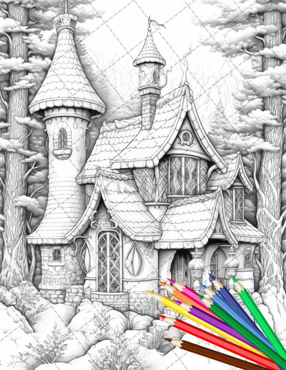 63 Winter Fairy Houses Grayscale Coloring Pages Printable for Adults, PDF File Instant Download