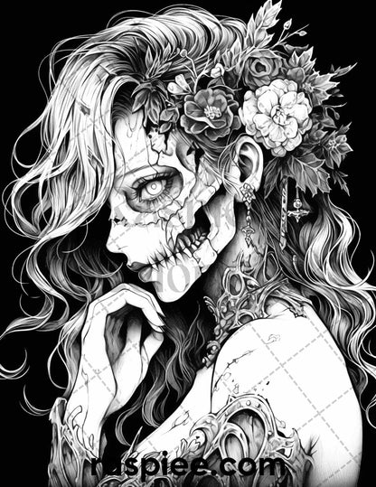 60 Horror Beauties Grayscale Coloring Pages Printable for Adults, PDF File Instant Download