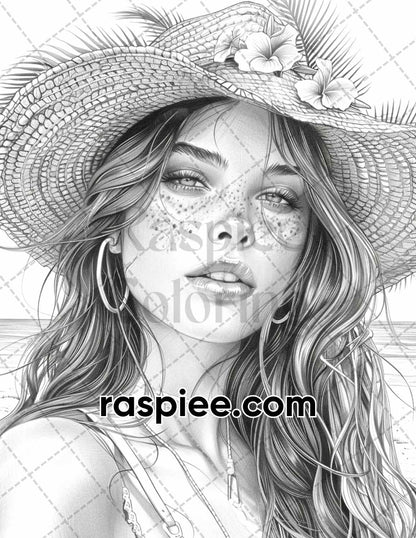 70 Beautiful Tropical Girls Grayscale Adult Coloring Pages Printable PDF Instant Download