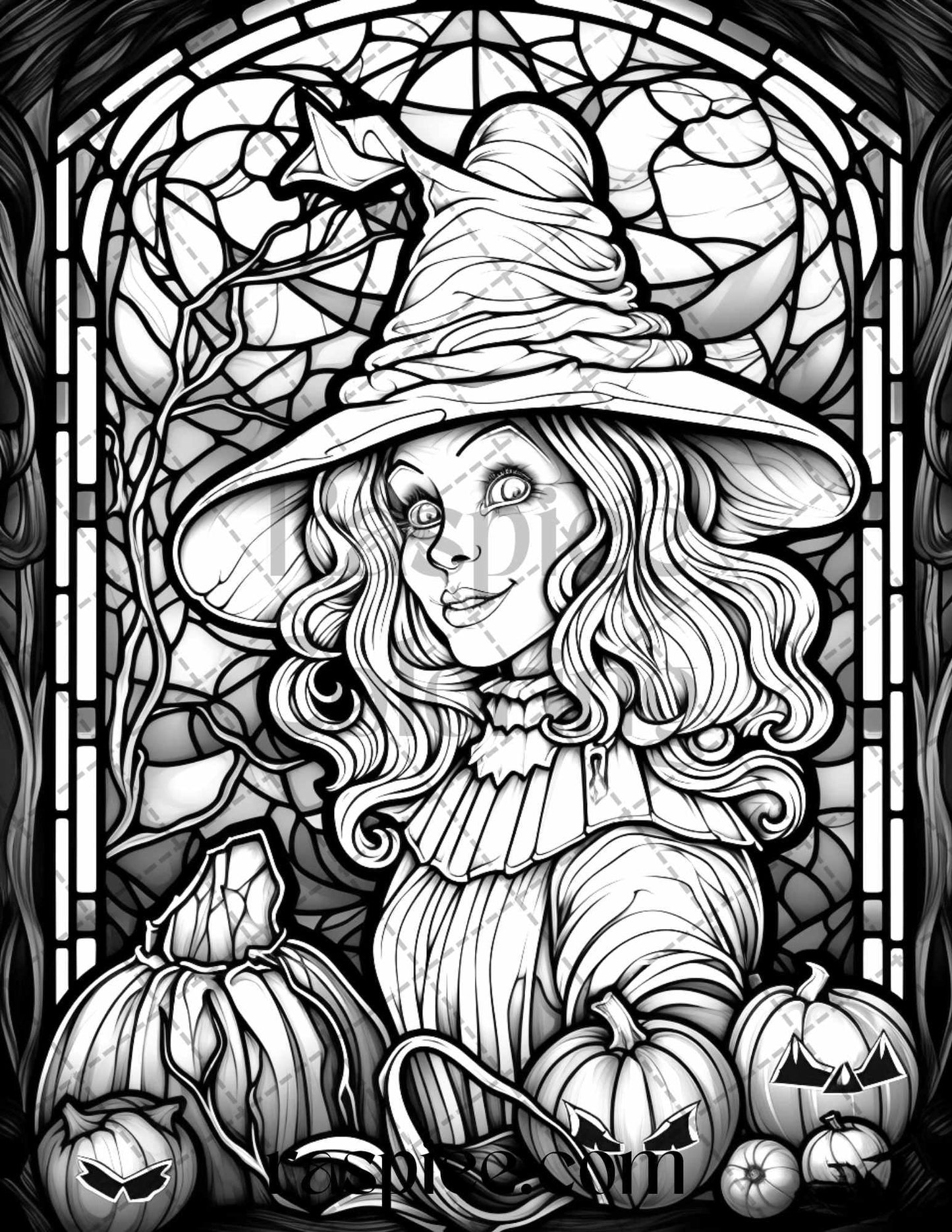 70 Halloween Stained Glass Grayscale Coloring Pages Printable for Adults, PDF File Instant Download