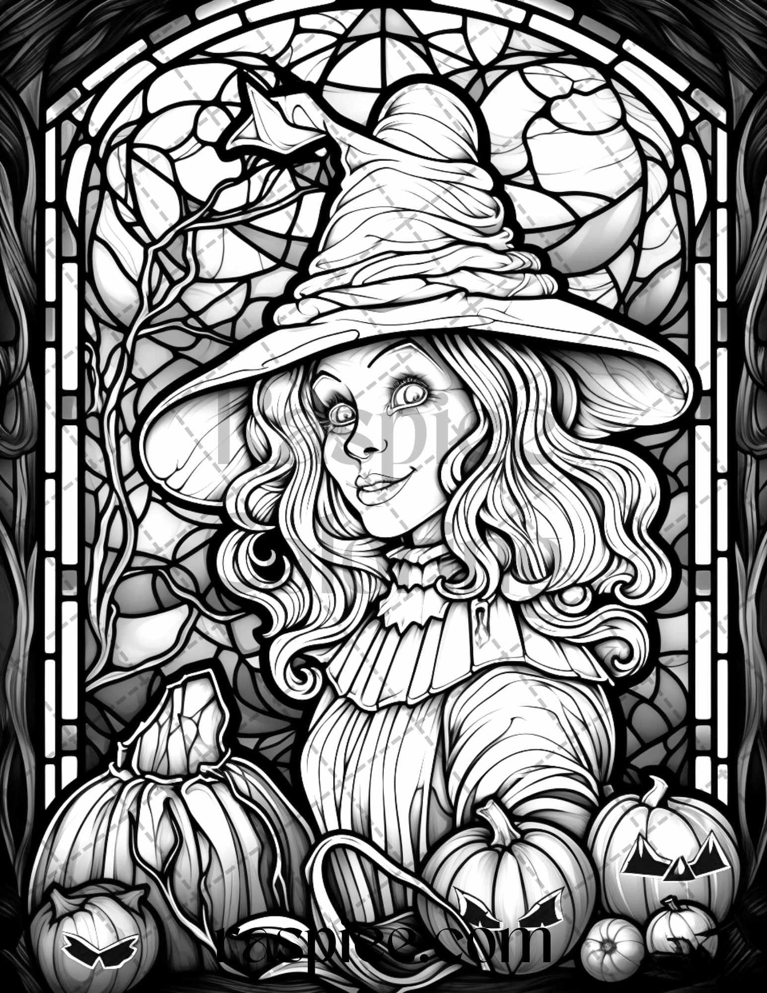 70 Halloween Stained Glass Grayscale Coloring Pages Printable for Adults, PDF File Instant Download