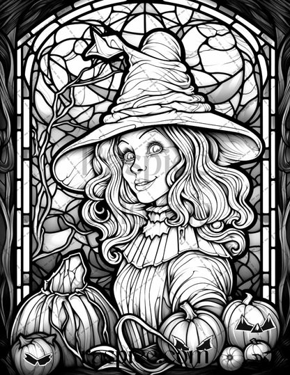 70 Halloween Stained Glass Grayscale Coloring Pages Printable for Adults, PDF File Instant Download