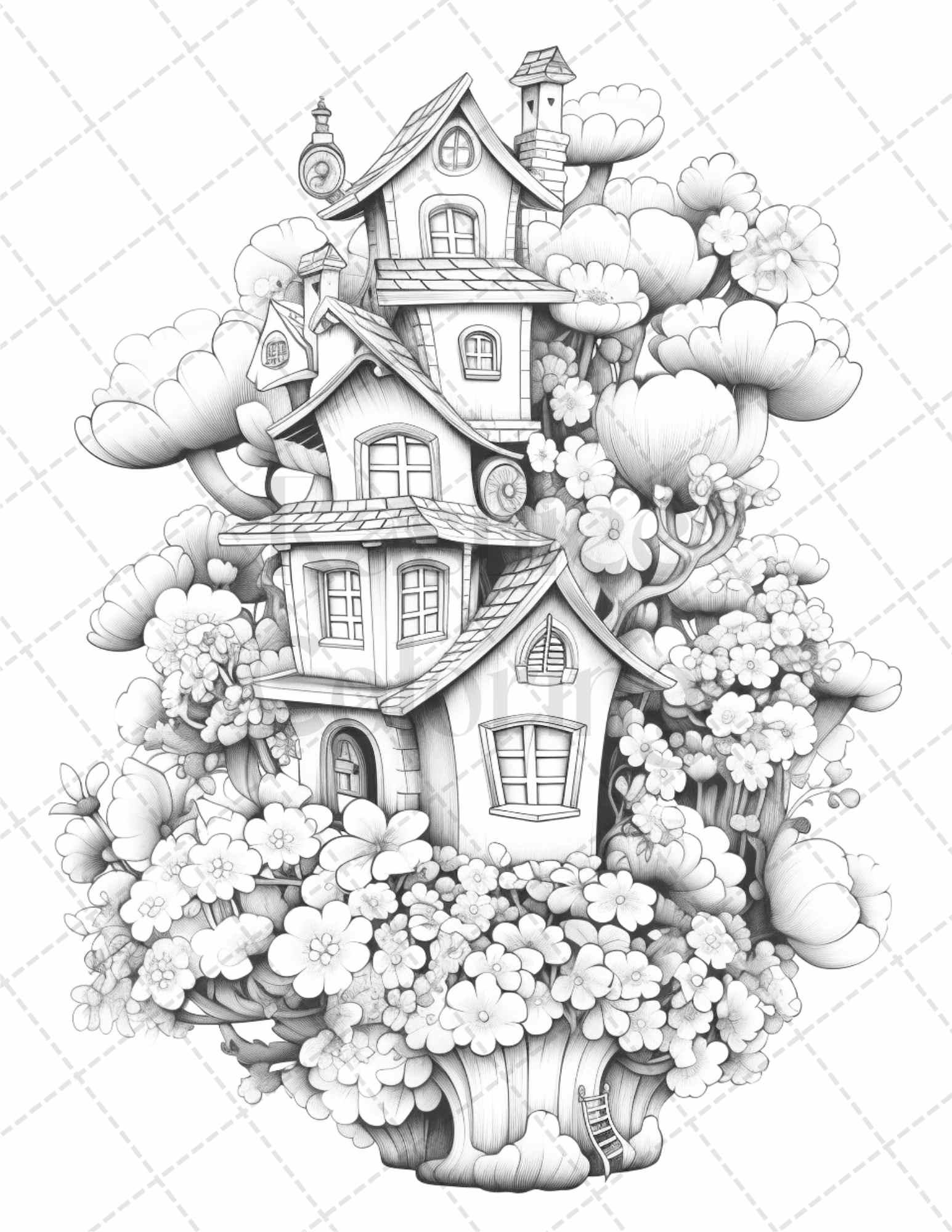 60 Flower Houses Grayscale Coloring Pages Printable for Adults, PDF File Instant Download