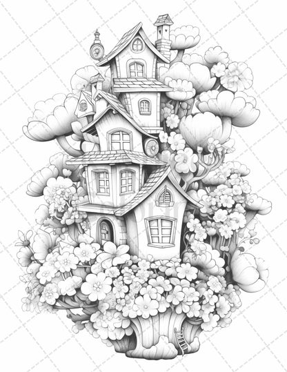 60 Flower Houses Grayscale Coloring Pages Printable for Adults, PDF File Instant Download