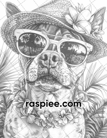 90 Summer Dogs Grayscale Adult Coloring Pages, Printable PDF Instant Download