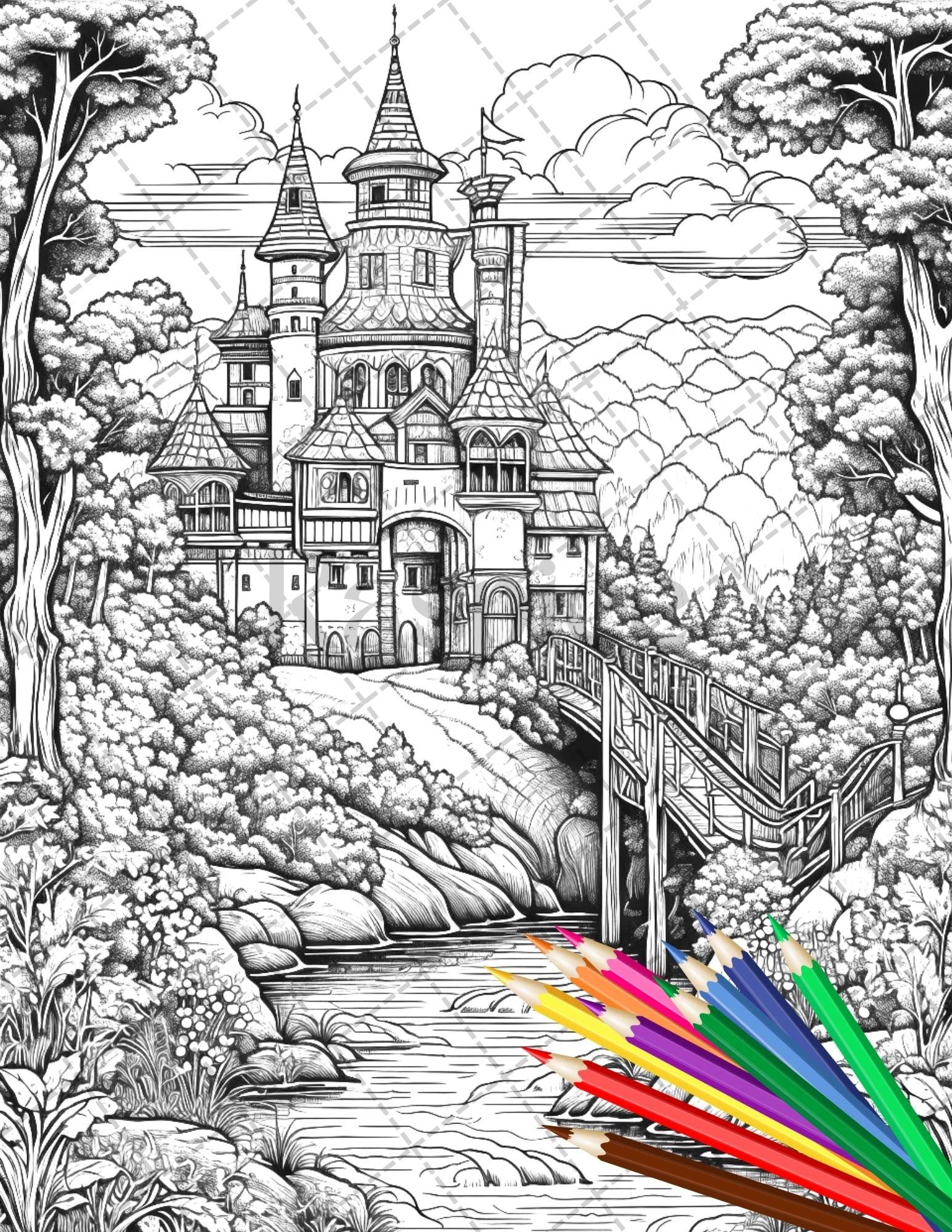122 Fantasy Castles Coloring Book for Adults, Grayscale Coloring Page, Printable PDF Instant Download
