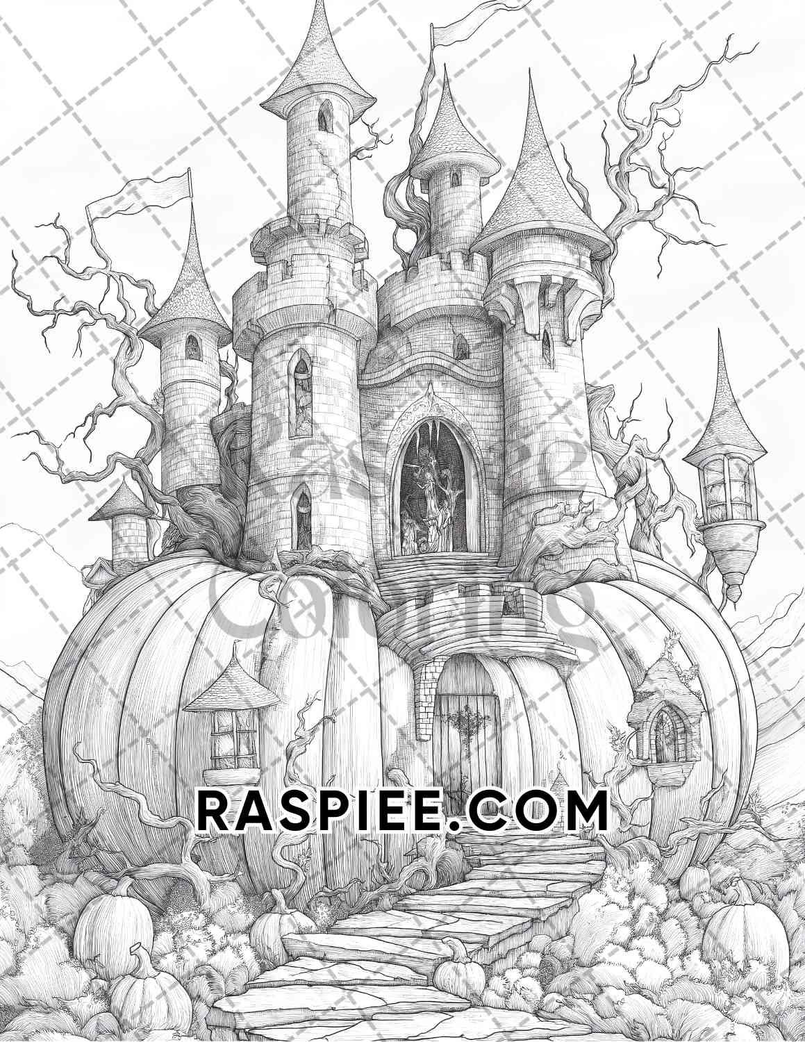 Fantasy Giant Pumpkin Castles Adult Coloring Pages Printable PDF Instant Download