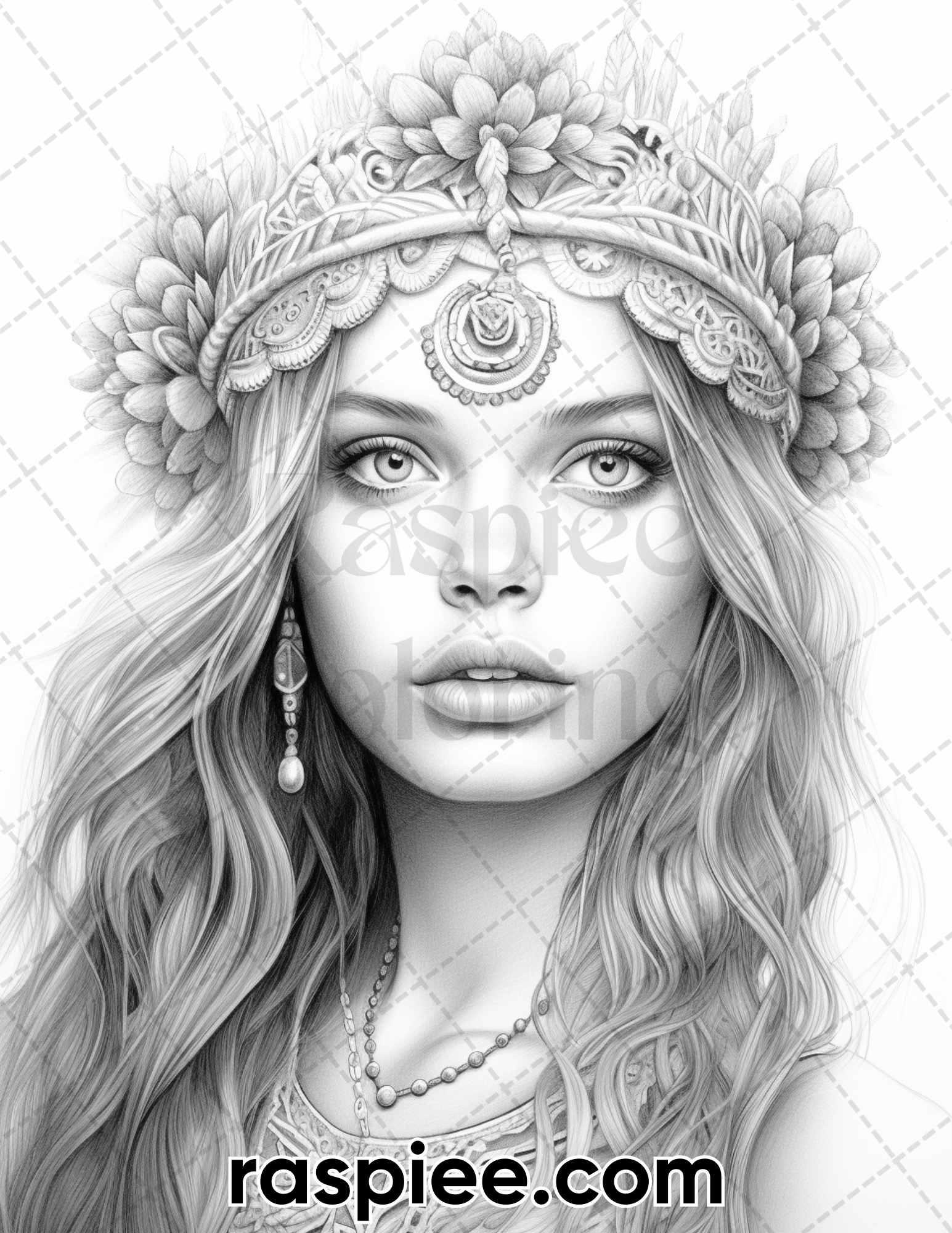 60 Bohemian Beauties Grayscale Coloring Pages for Adults, Printable PDF Instant Download