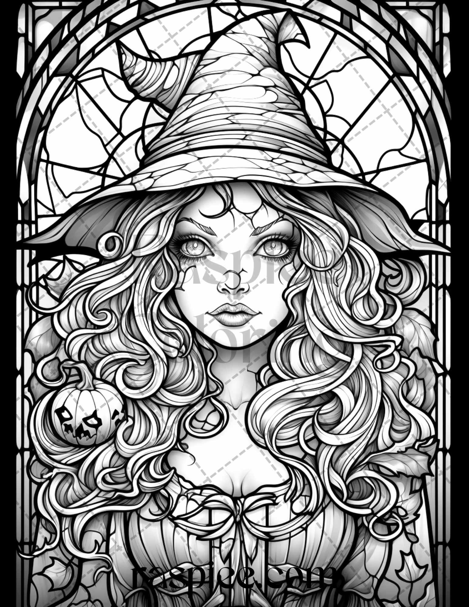 70 Halloween Stained Glass Grayscale Coloring Pages Printable for Adults, PDF File Instant Download
