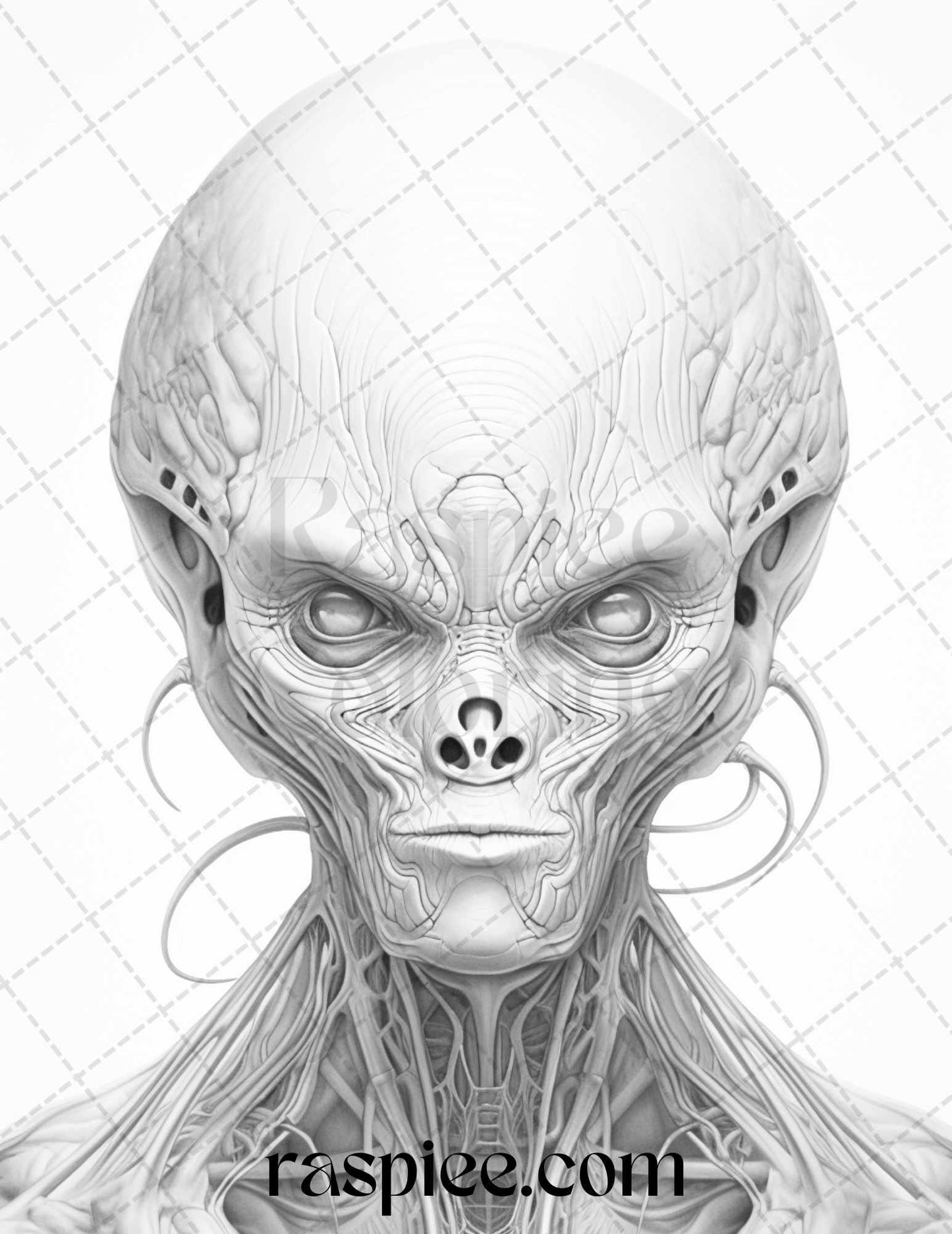 65 Alien Portrait Grayscale Coloring Pages for Adults, Printable PDF File Instant Download