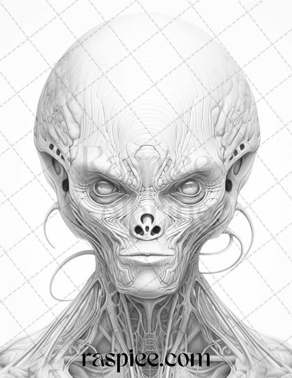 65 Alien Portrait Grayscale Coloring Pages for Adults, Printable PDF File Instant Download