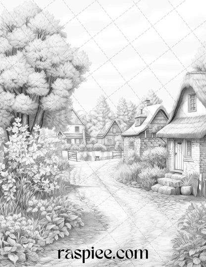Autumn Scenery Grayscale Coloring Pages Printable for Adults, PDF File Instant Download