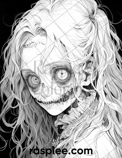 60 Horror Beauties Grayscale Coloring Pages Printable for Adults, PDF File Instant Download