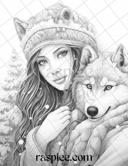 60 Beautiful Winter Girls Grayscale Coloring Pages Printable for Adults, PDF File Instant Download