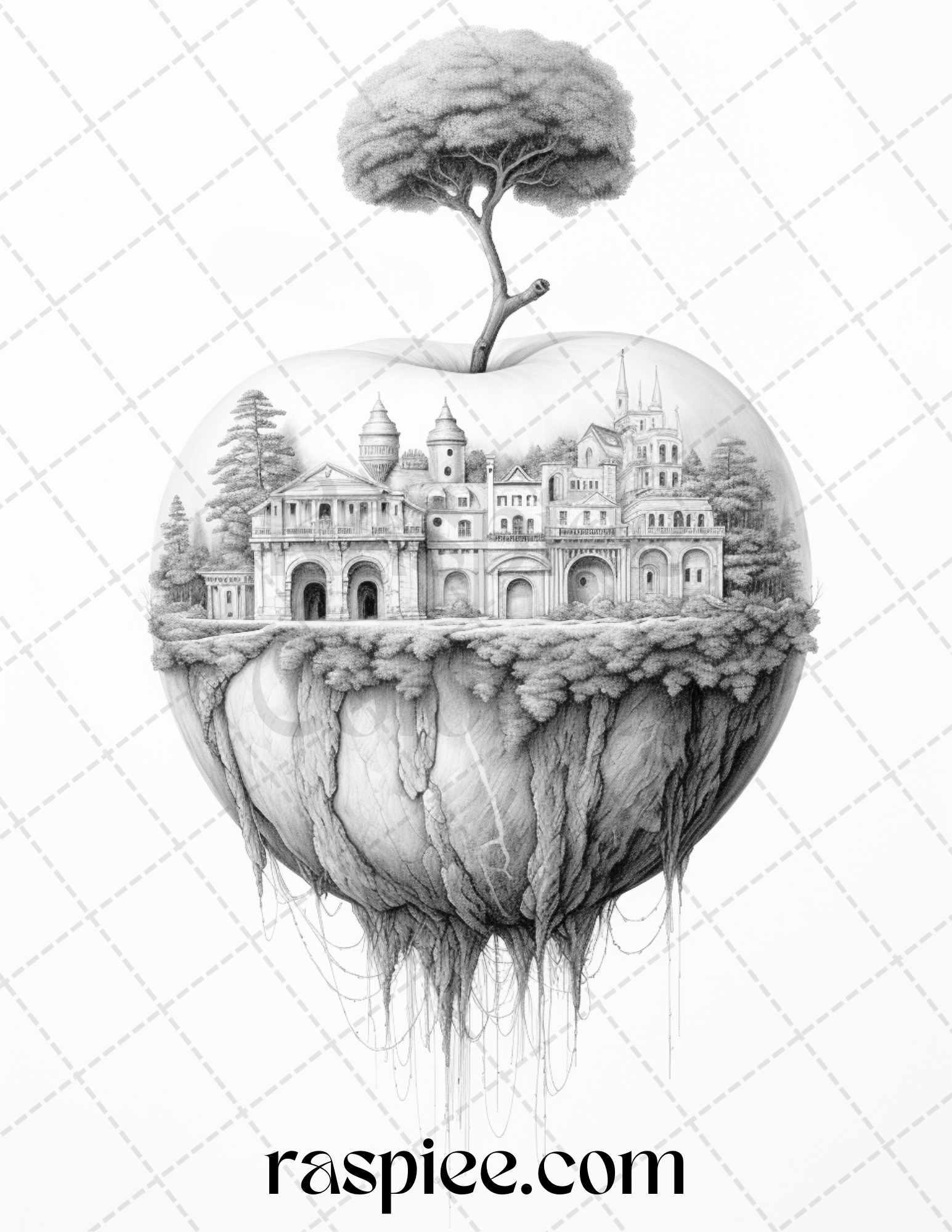 60 Miniworld in the Apple Grayscale Coloring Pages Printable for Adults, PDF File Instant Download