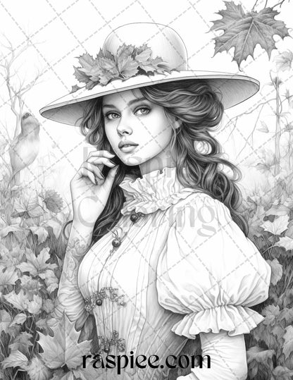 60 Victorian Autumn Portrait Grayscale Coloring Pages Printable for Adults, PDF File Instant Download