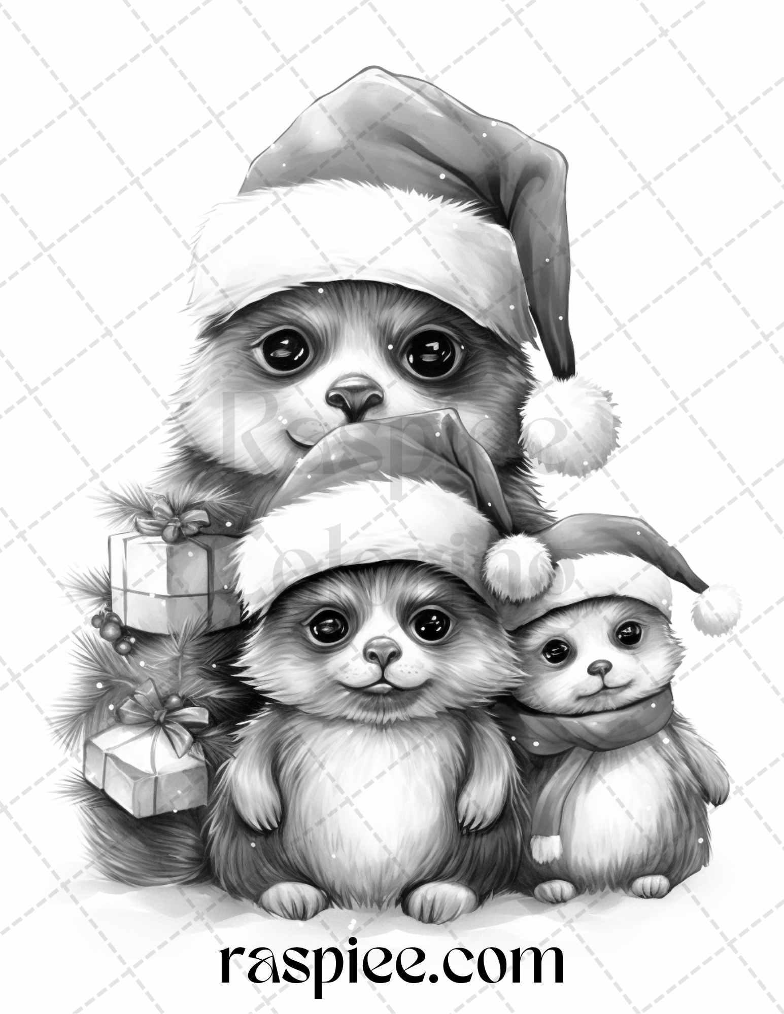 70 Christmas Critters Grayscale Coloring Pages Printable for Adults and Kids, PDF File Instant Download