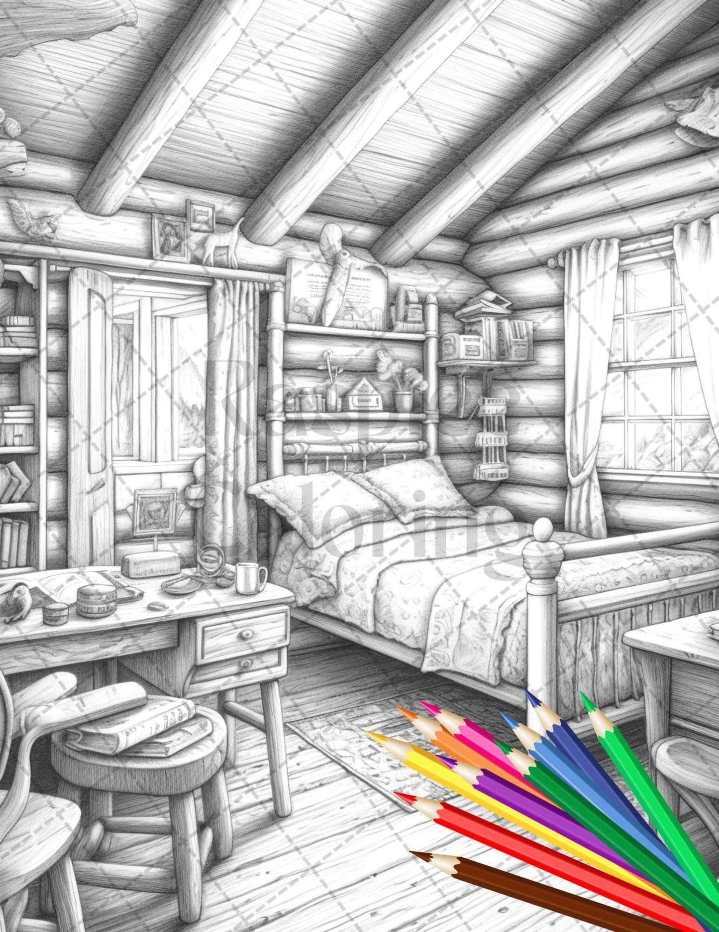 Cozy Cabin Interior Grayscale Coloring Pages Printable for Adults, PDF File Instant Download