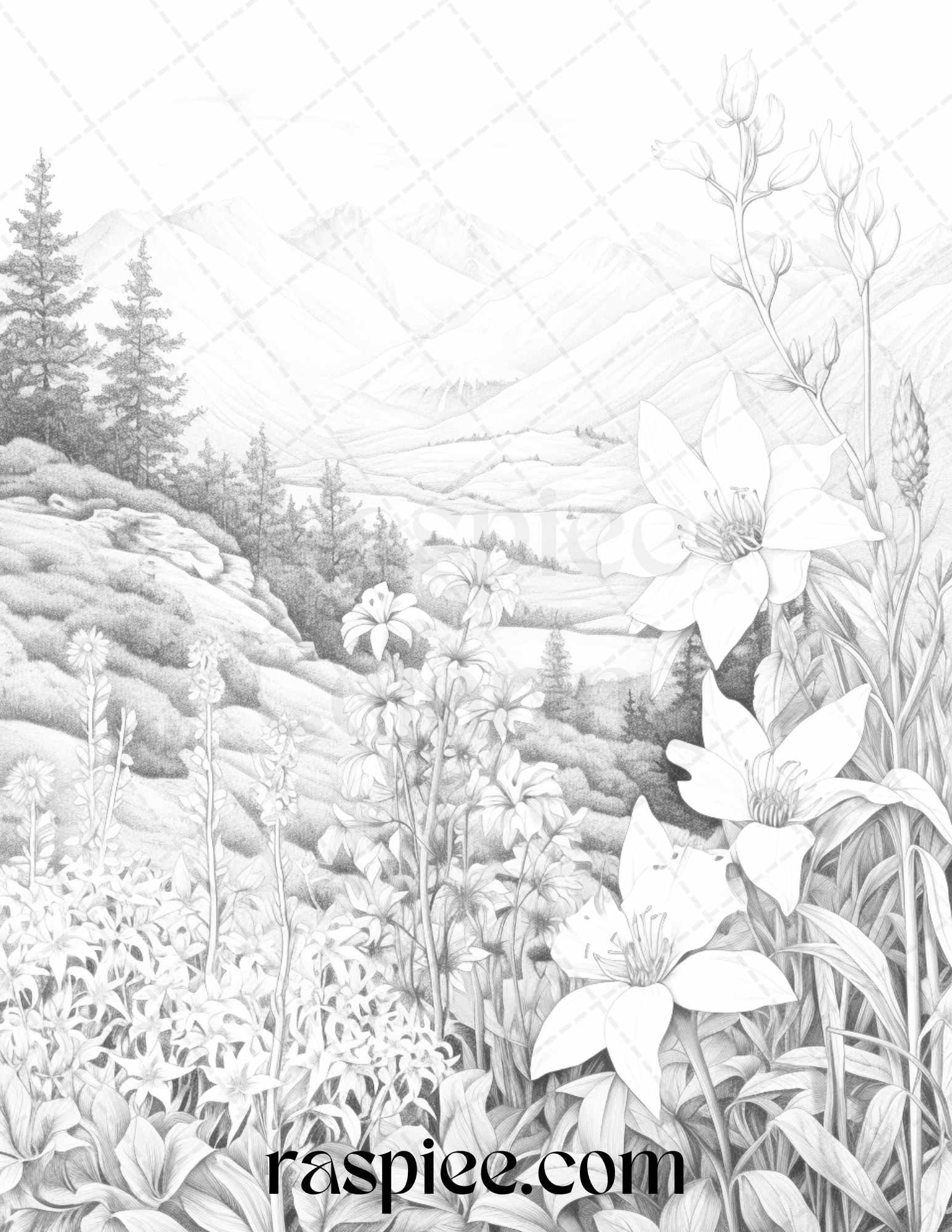 60 Mountain Flower Landscapes Grayscale Coloring Pages Printable for Adults, PDF File Instant Download