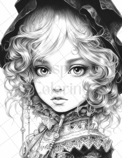 60 Adorable Gothic Girls Grayscale Coloring Pages Printable for Adults, PDF File Instant Download