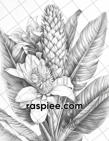 65 Tropical Flowers Grayscale Adult Coloring Pages Printable PDF Instant Download