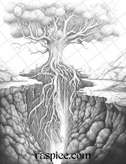 60 Enchanting Surrealism Grayscale Coloring Pages Printable for Adults, PDF File Instant Download