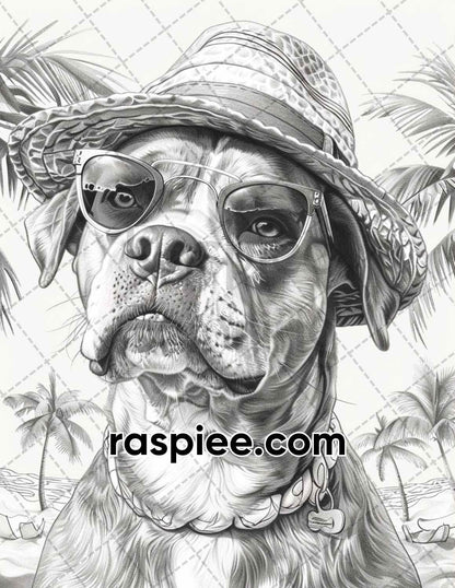 90 Summer Dogs Grayscale Adult Coloring Pages, Printable PDF Instant Download