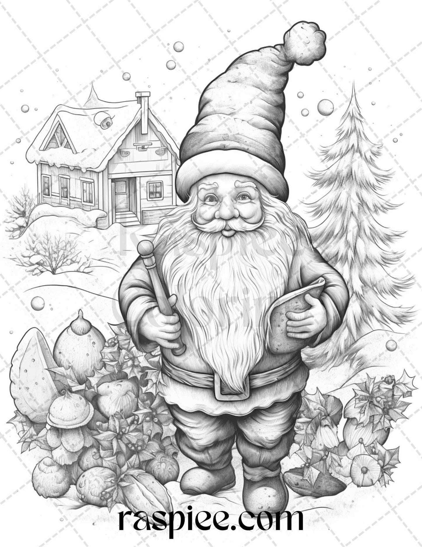 60 Christmas Gnomes Grayscale Coloring Pages Printable for Adults and Kids, PDF File Instant Download