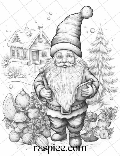 60 Christmas Gnomes Grayscale Coloring Pages Printable for Adults and Kids, PDF File Instant Download