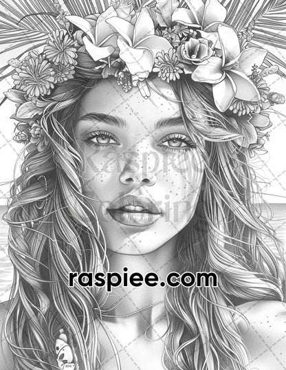 70 Beautiful Tropical Girls Grayscale Adult Coloring Pages Printable PDF Instant Download