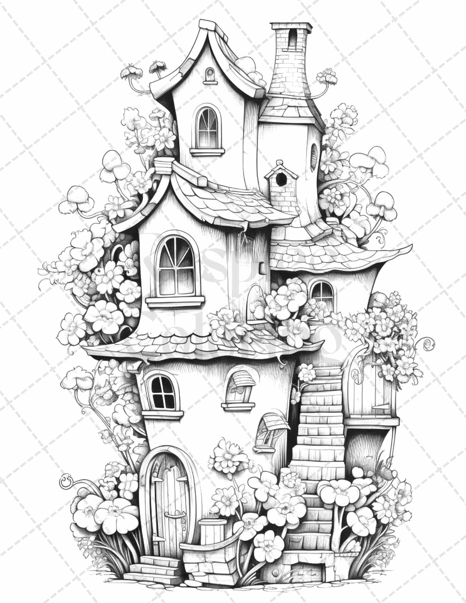 60 Flower Houses Grayscale Coloring Pages Printable for Adults, PDF File Instant Download