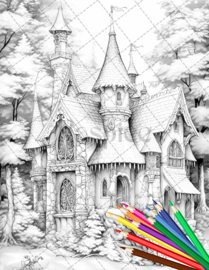63 Winter Fairy Houses Grayscale Coloring Pages Printable for Adults, PDF File Instant Download