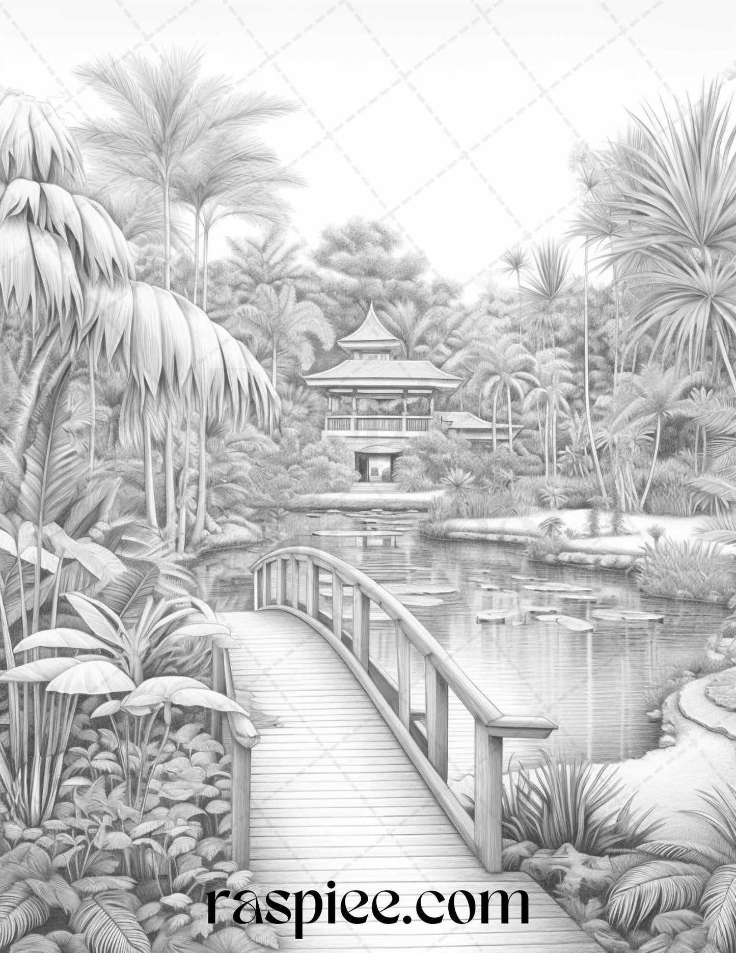 52 Tropical Oasis Grayscale Coloring Pages Printable for Adults, PDF File Instant Download