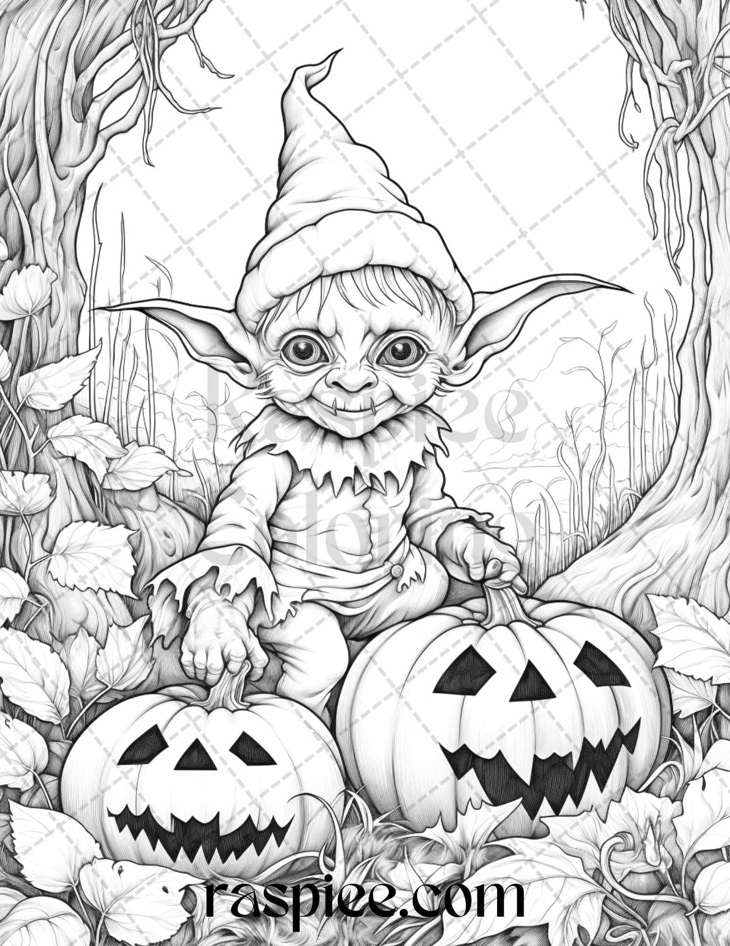 50 Halloween Goblin Grayscale Coloring Pages Printable for Adults, PDF File Instant Download