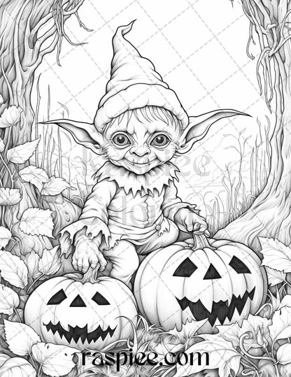 50 Halloween Goblin Grayscale Coloring Pages Printable for Adults, PDF File Instant Download