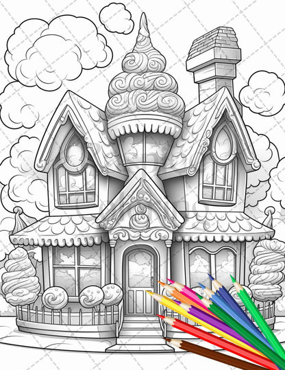 33 Ice Cream Houses Grayscale Coloring Pages Printable for Adults and Kids, PDF File Instant Download
