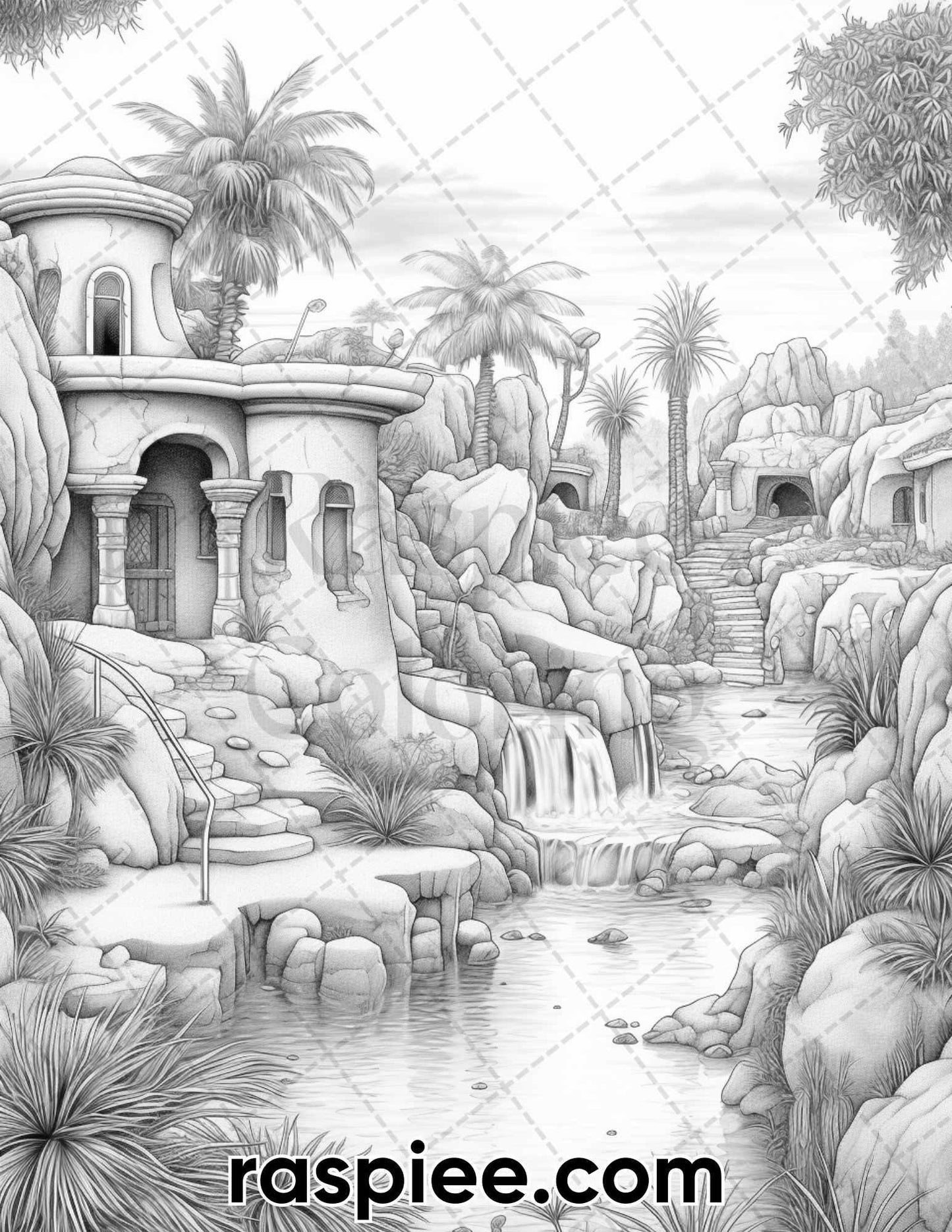 55 Desert Oasis Fairy Homes Grayscale Coloring Pages for Adults, Printable PDF Instant Download