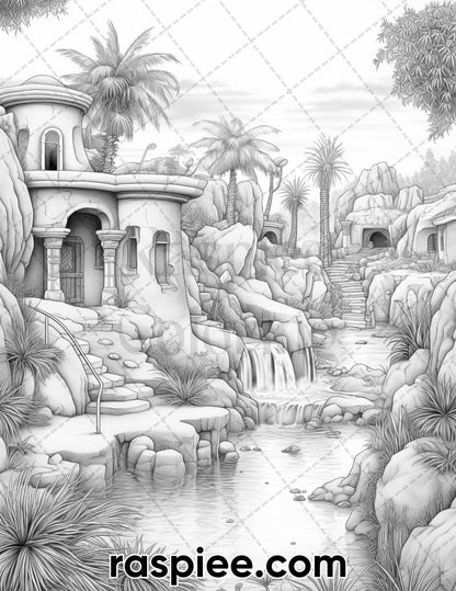 55 Desert Oasis Fairy Homes Grayscale Coloring Pages for Adults, Printable PDF Instant Download