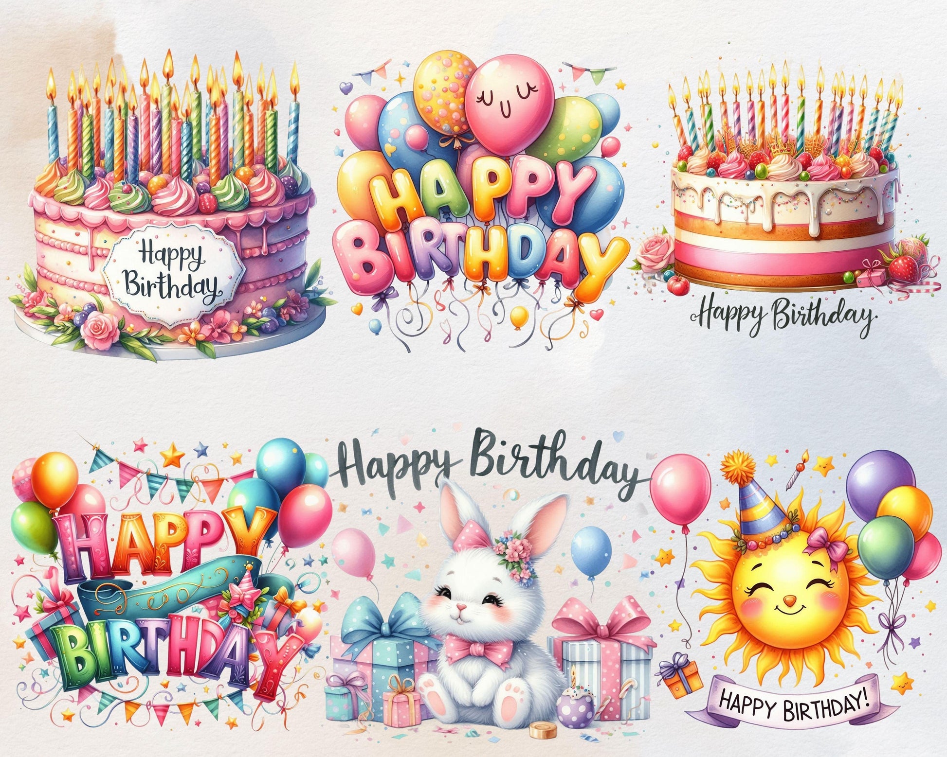 Watercolor Happy Birthday Clipart Bundle, 70 PNG High-Res Files for DIY Projects and Commercial Use