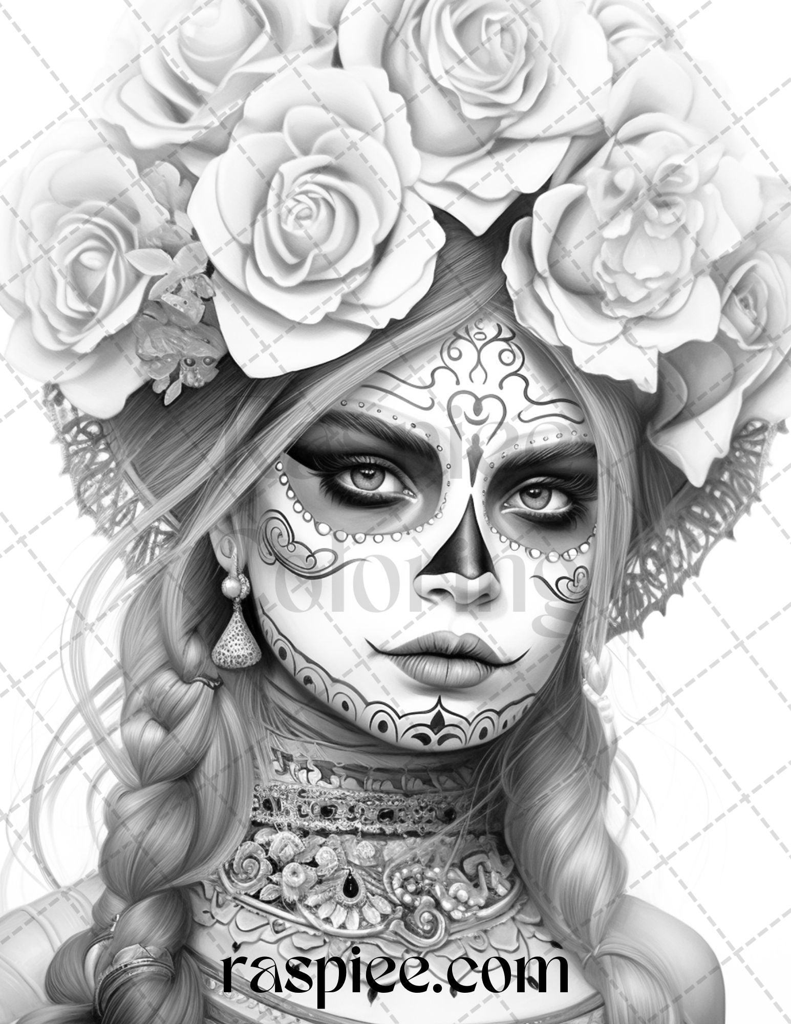 55 Halloween Girls Grayscale Coloring Pages Printable for Adults, PDF File Instant Download