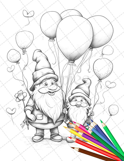 33 Gnome Love Coloring Pages Printable for Adults, Grayscale Coloring Page, PDF File Instant Download