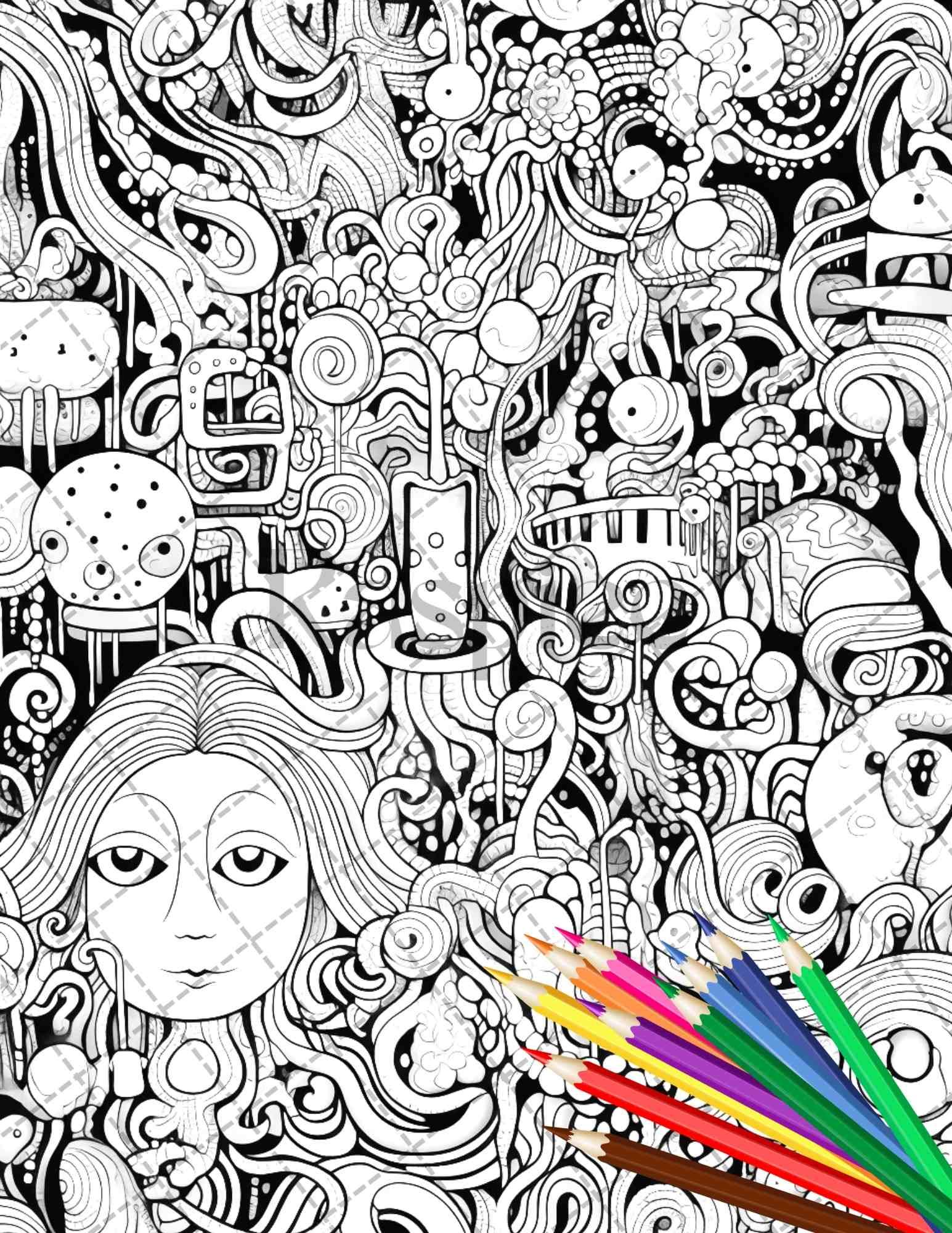 Psychedelic Trippy Coloring Book Printable for Adults, Grayscale Coloring Page, PDF File Instant Download