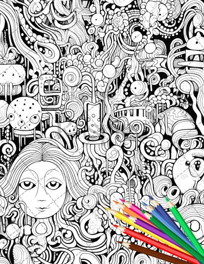Psychedelic Trippy Coloring Book Printable for Adults, Grayscale Coloring Page, PDF File Instant Download