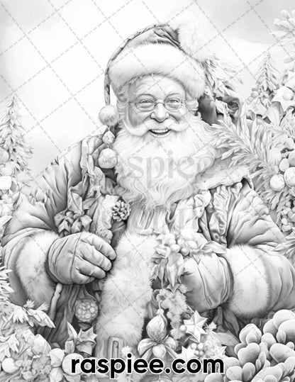 63 Christmas Santa Claus Grayscale Coloring Pages for Adults, Printable PDF Instant Download