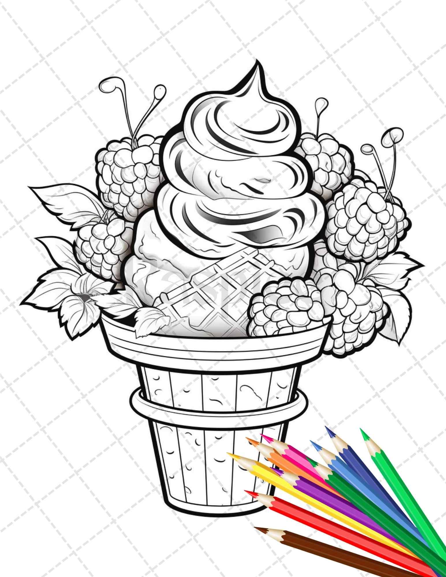 52 Printable Ice Cream Desserts Coloring Pages for Adults and Kids, Grayscale Coloring Page, PDF File Instant Download