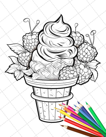 52 Printable Ice Cream Desserts Coloring Pages for Adults and Kids, Grayscale Coloring Page, PDF File Instant Download